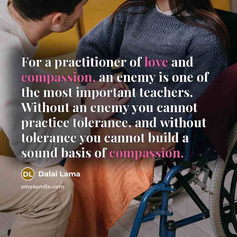 “For a practitioner of love and compassion, an enemy is one of the most important teachers. Without an enemy you cannot practice tolerance, and without tolerance you cannot build a sound basis of compassion.” quote by Dalai Lama