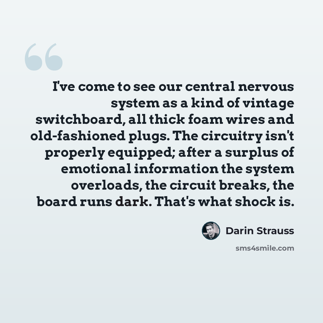 “I've come to see our central nervous system as a kind of vintage switchboard, all thick foam wires and old-fashioned plugs. The circuitry isn't properly equipped; after a surplus of emotional information the system overloads, the circuit breaks, the board runs dark. That's what shock is.” quote by Darin Strauss