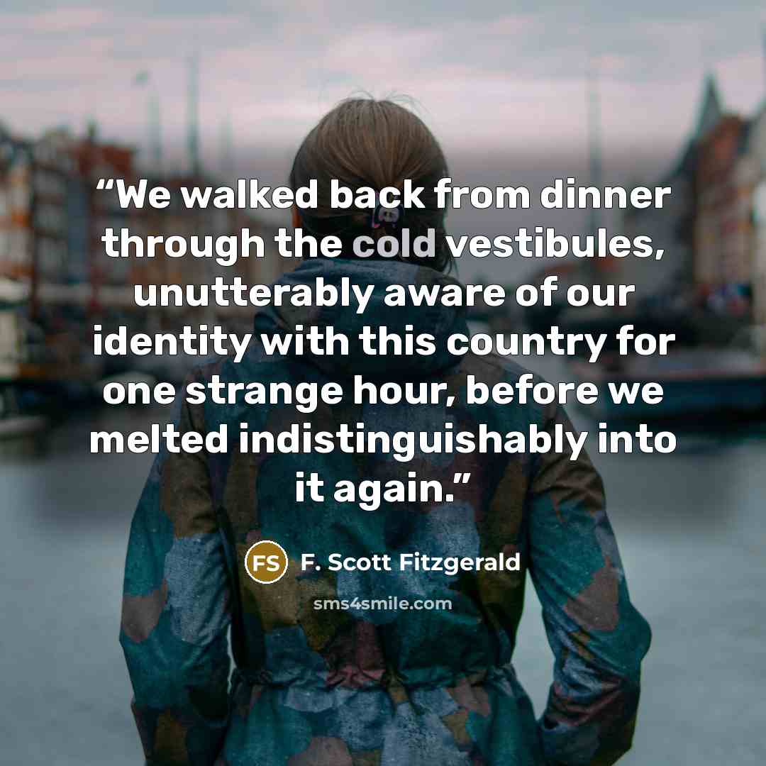 “We walked back from dinner through the cold vestibules, unutterably aware of our identity with this country for one strange hour, before we melted indistinguishably into it again.” quote by F. Scott Fitzgerald