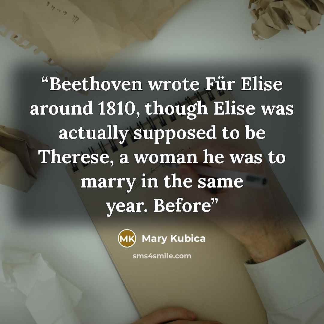 “Beethoven wrote Für Elise around 1810, though Elise was actually supposed to be Therese, a woman he was to marry in the same year. Before” quote by Mary Kubica