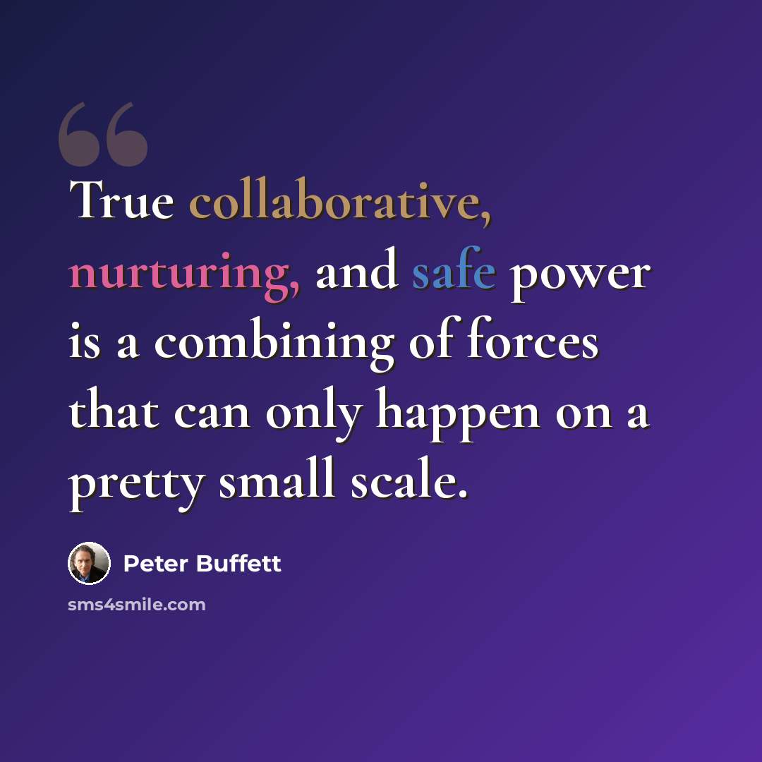 “True collaborative, nurturing, and safe power is a combining of forces that can only happen on a pretty small scale.” quote by Peter Buffett