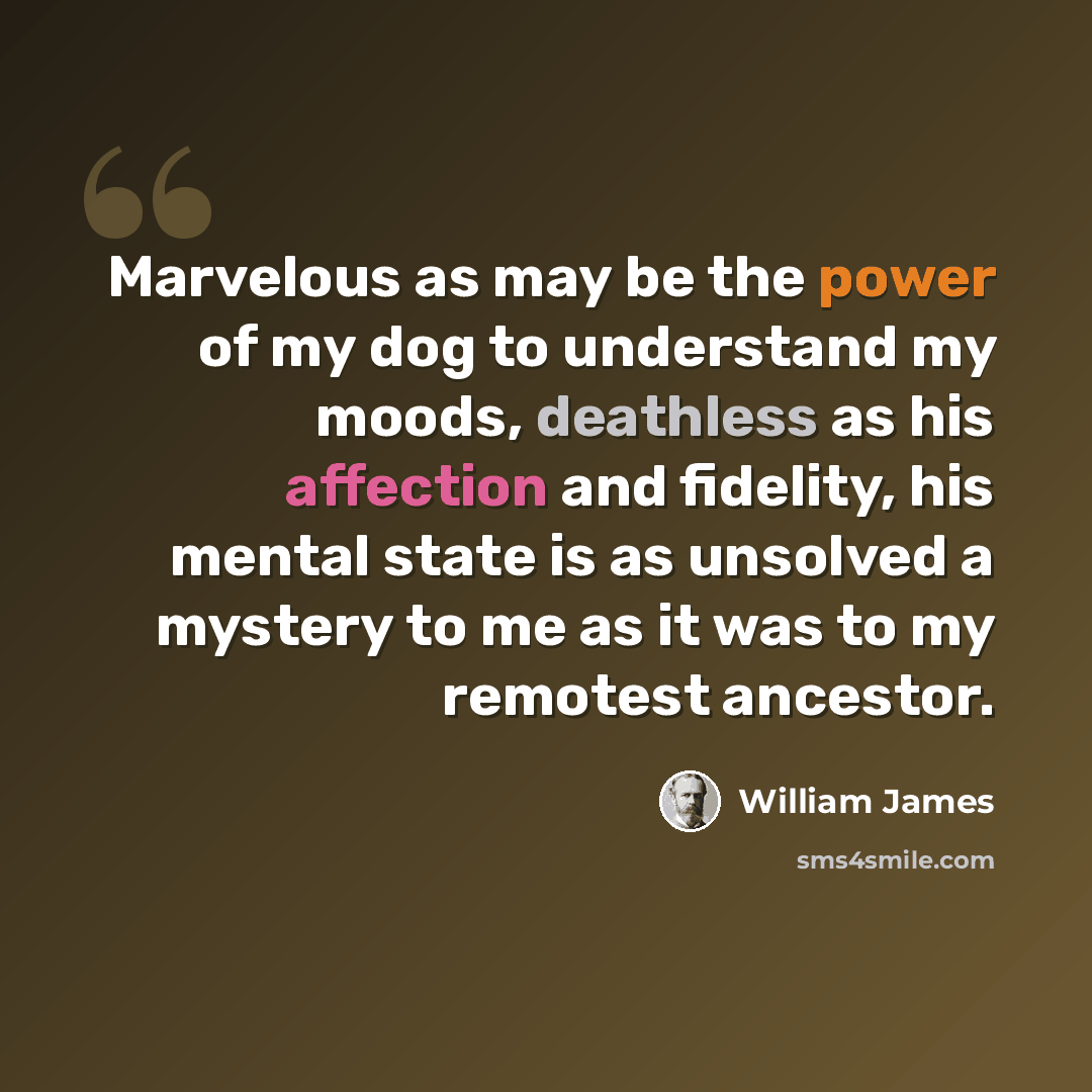 “Marvelous as may be the power of my dog to understand my moods, deathless as his affection and fidelity, his mental state is as unsolved a mystery to me as it was to my remotest ancestor.” quote by William James