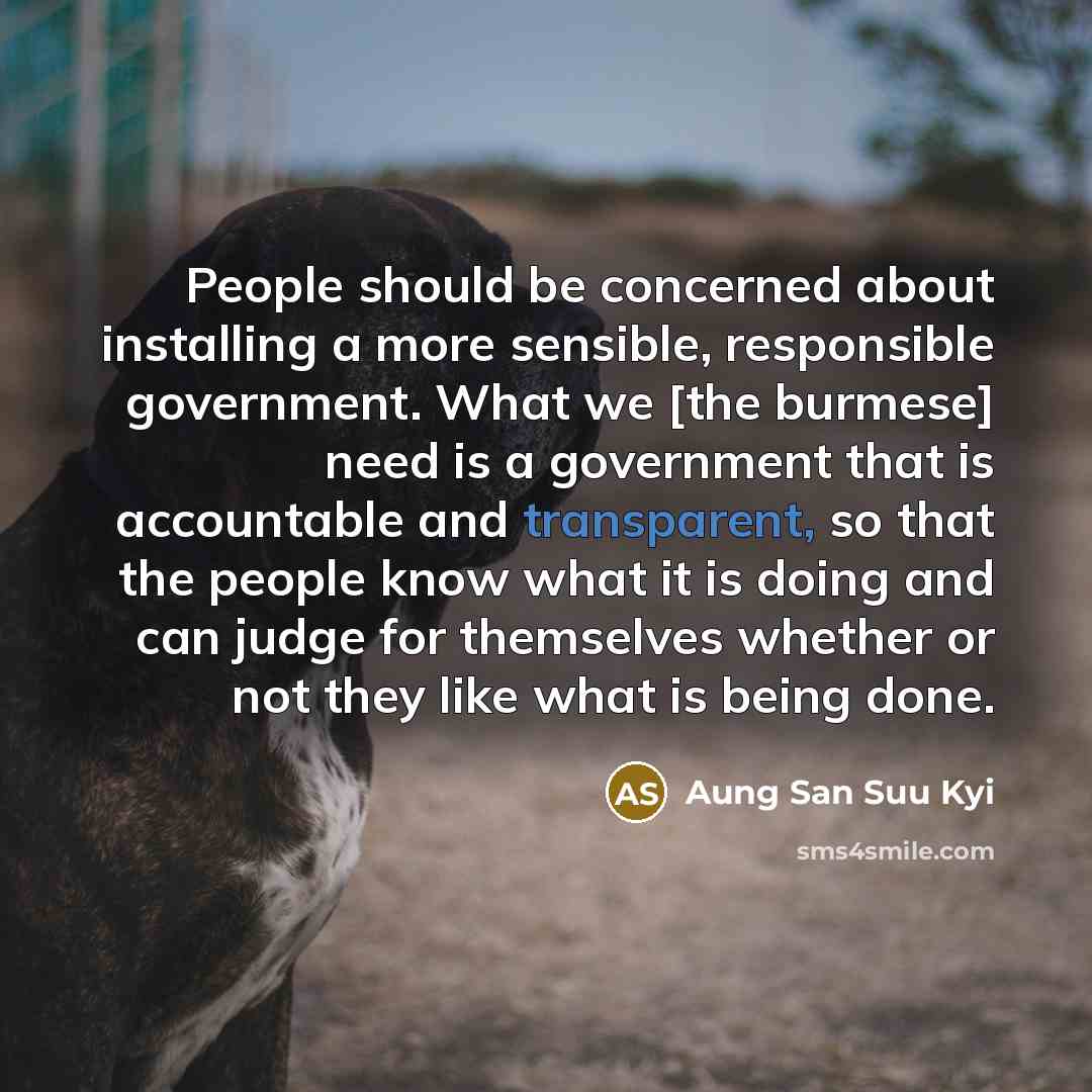 “People should be concerned about installing a more sensible, responsible government. What we [the burmese] need is a government that is accountable and transparent, so that the people know what it is doing and can judge for themselves whether or not they like what is being done.” quote by Aung San Suu Kyi