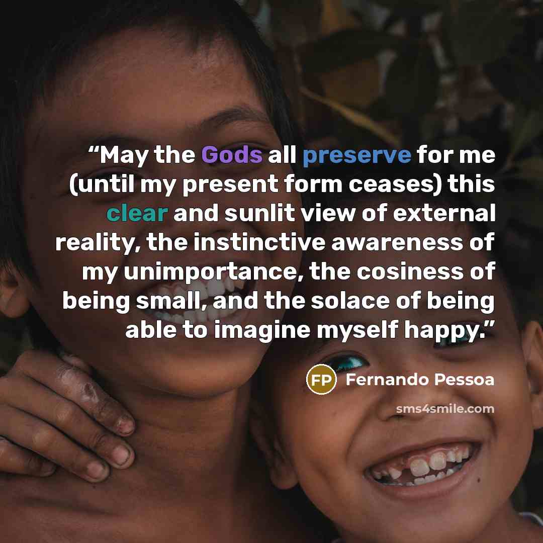 “May the Gods all preserve for me (until my present form ceases) this clear and sunlit view of external reality, the instinctive awareness of my unimportance, the cosiness of being small, and the solace of being able to imagine myself happy.” quote by Fernando Pessoa