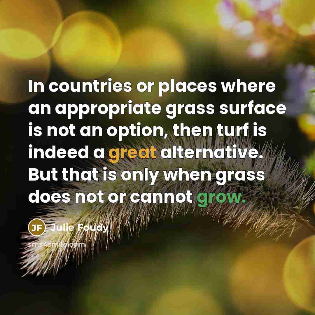 “In countries or places where an appropriate grass surface is not an option, then turf is indeed a great alternative. But that is only when grass does not or cannot grow.” quote by Julie Foudy