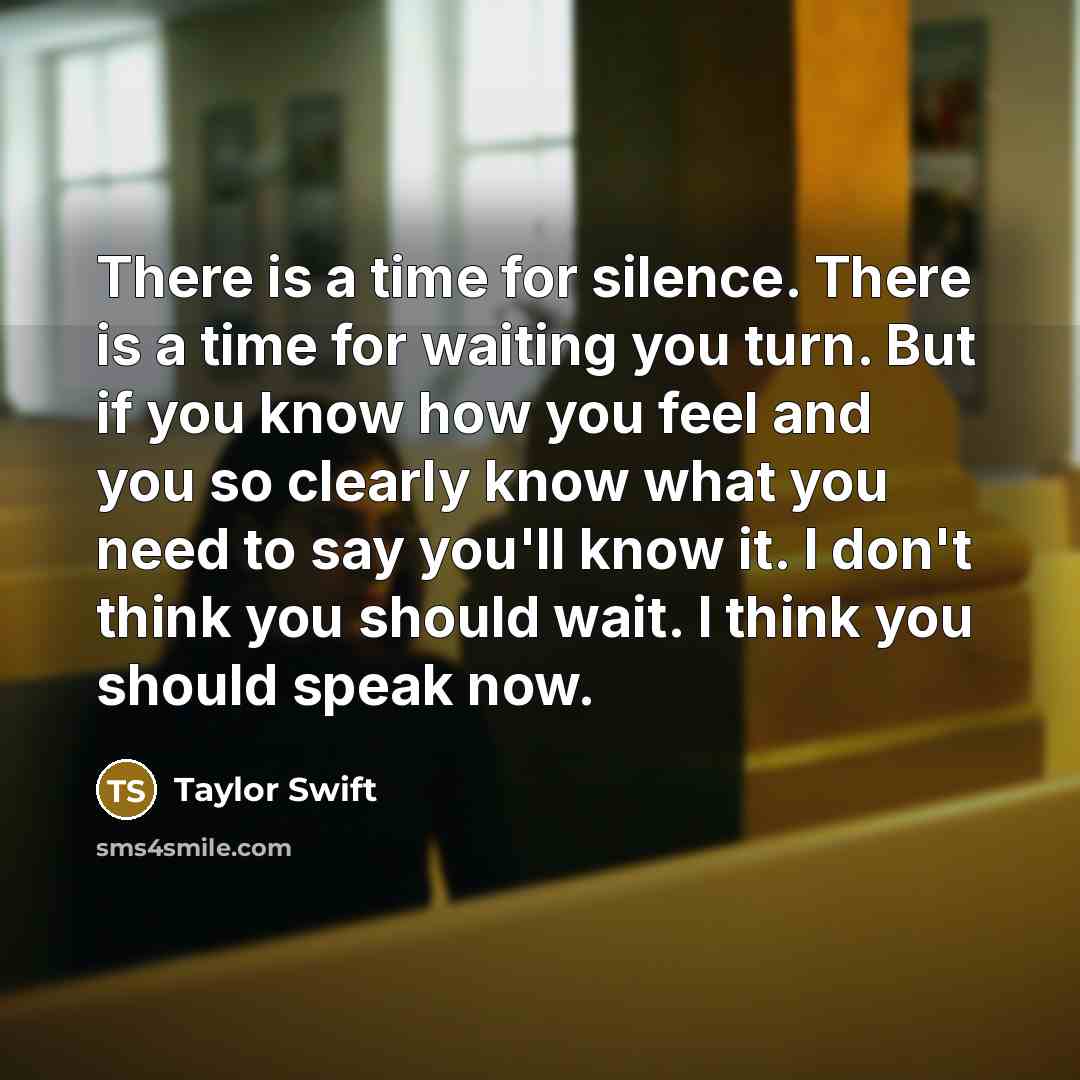“There is a time for silence. There is a time for waiting you turn. But if you know how you feel and you so clearly know what you need to say you'll know it. I don't think you should wait. I think you should speak now.” quote by Taylor Swift