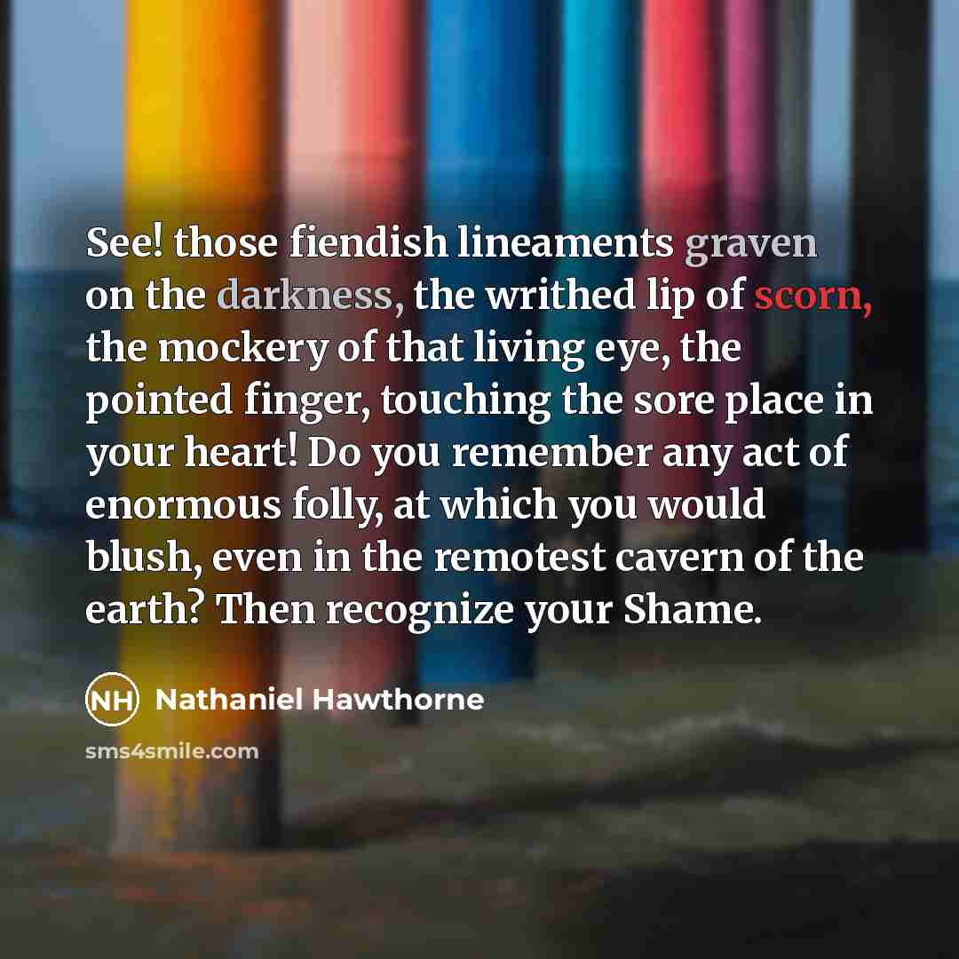 “See! those fiendish lineaments graven on the darkness, the writhed lip of scorn, the mockery of that living eye, the pointed finger, touching the sore place in your heart! Do you remember any act of enormous folly, at which you would blush, even in the remotest cavern of the earth? Then recognize…” quote by Nathaniel Hawthorne