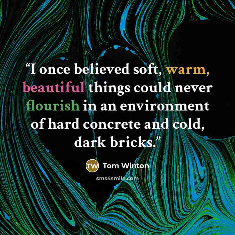 “I once believed soft, warm, beautiful things could never flourish in an environment of hard concrete and cold, dark bricks.” quote by Tom Winton
