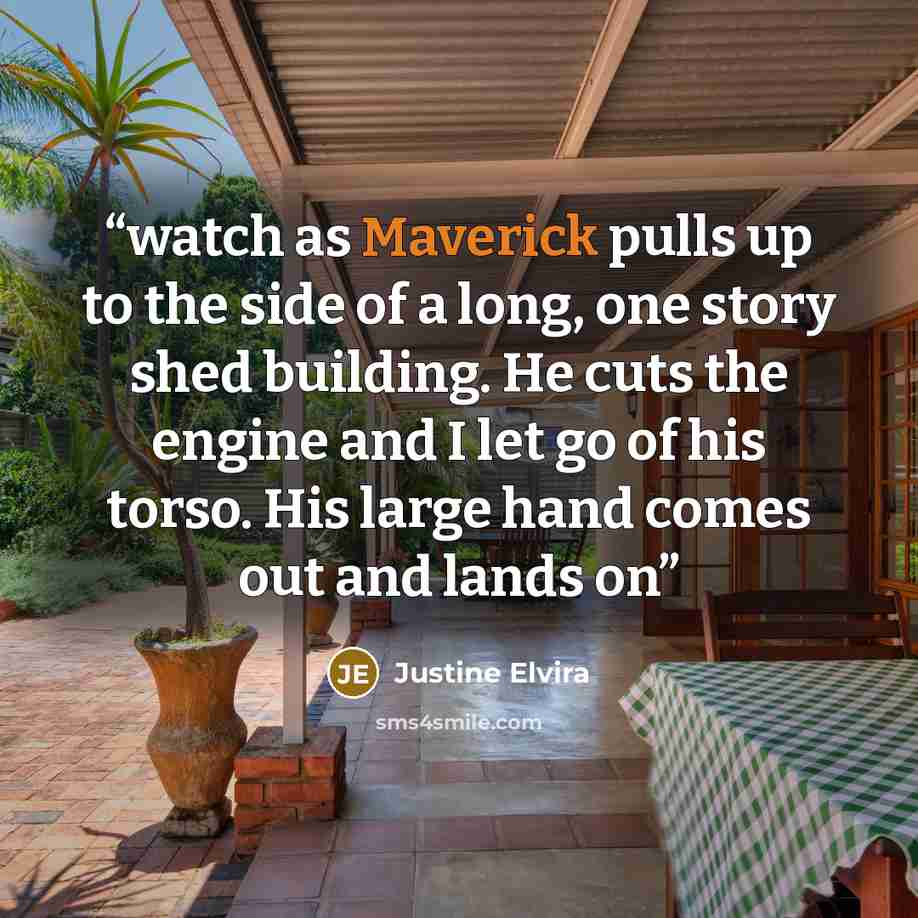 “watch as Maverick pulls up to the side of a long, one story shed building. He cuts the engine and I let go of his torso. His large hand comes out and lands on” quote by Justine Elvira