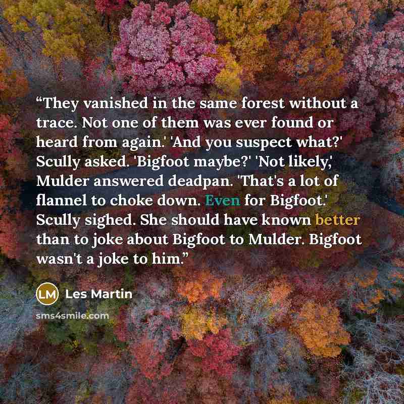 “They vanished in the same forest without a trace. Not one of them was ever found or heard from again.' 'And you suspect what?' Scully asked. 'Bigfoot maybe?' 'Not likely,' Mulder answered deadpan. 'That's a lot of flannel to choke down. Even for Bigfoot.' Scully sighed. She should have known…” quote by Les Martin