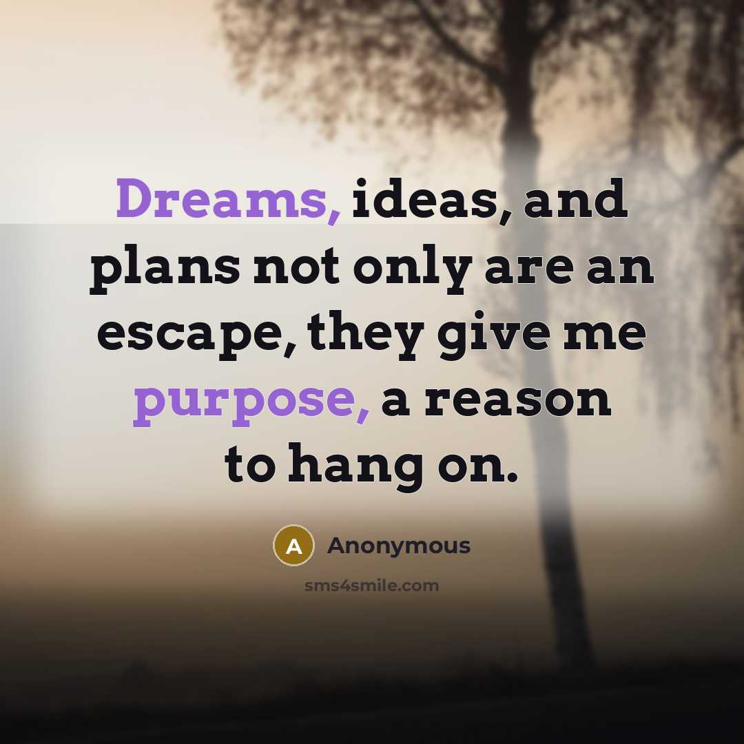 “Dreams, ideas, and plans not only are an escape, they give me purpose, a reason to hang on.” quote by Anonymous