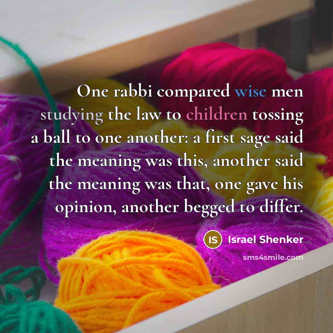 “One rabbi compared wise men studying the law to children tossing a ball to one another: a first sage said the meaning was this, another said the meaning was that, one gave his opinion, another begged to differ.” quote by Israel Shenker