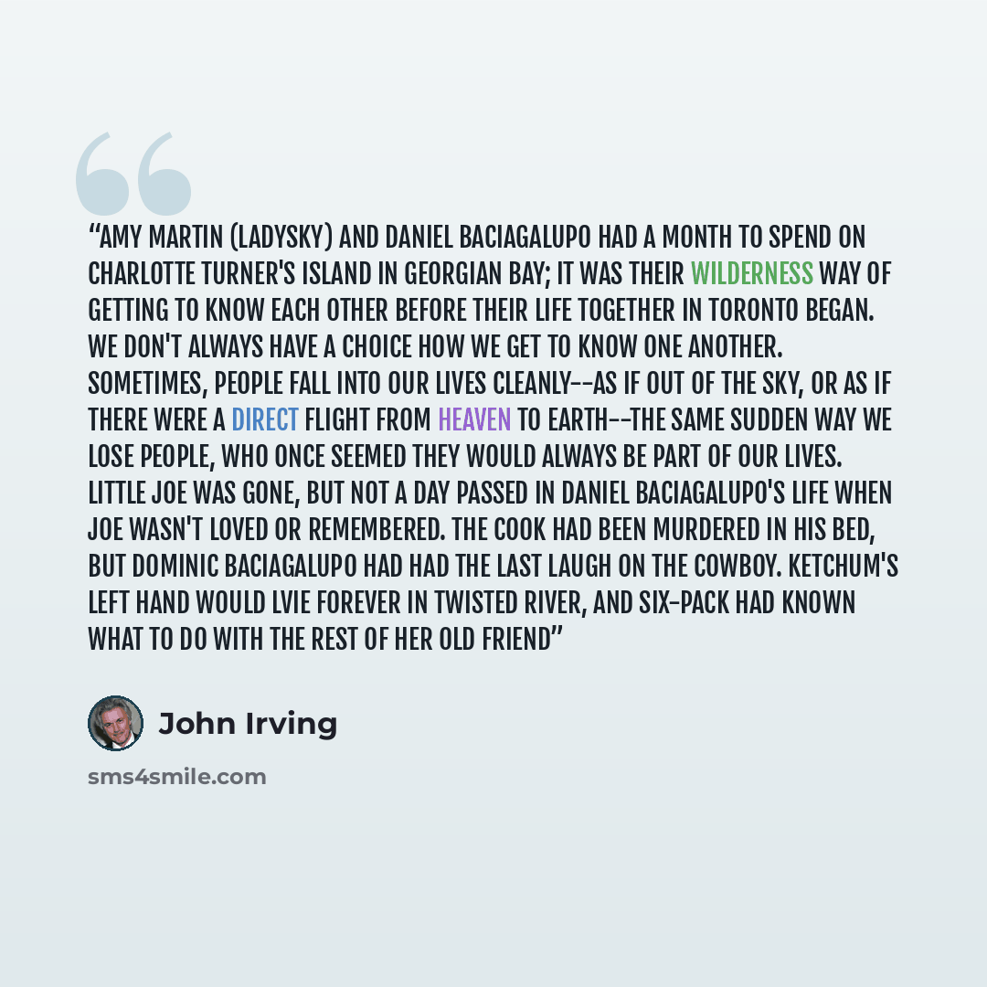 “Amy Martin (ladysky) and Daniel Baciagalupo had a month to spend on Charlotte Turner's island in Georgian Bay; it was their wilderness way of getting to know each other before their life together in Toronto began. We don't always have a choice how we get to know one another. Sometimes, people fall…” quote by John Irving