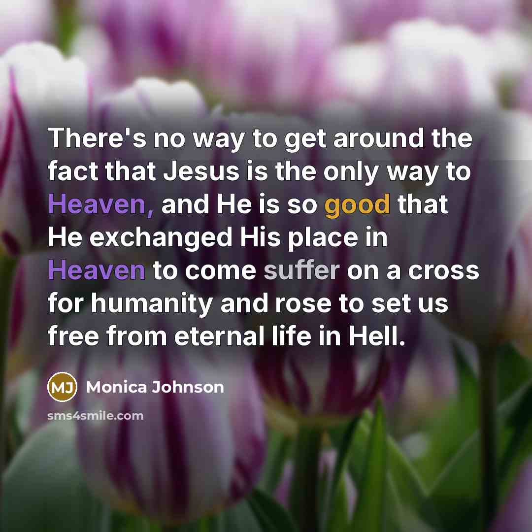 “There's no way to get around the fact that Jesus is the only way to Heaven, and He is so good that He exchanged His place in Heaven to come suffer on a cross for humanity and rose to set us free from eternal life in Hell.” quote by Monica Johnson