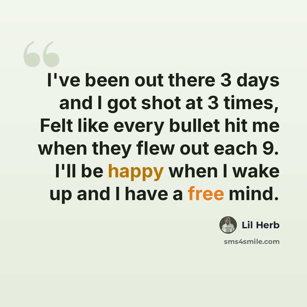 “I've been out there 3 days and I got shot at 3 times, Felt like every bullet hit me when they flew out each 9. I'll be happy when I wake up and I have a free mind.” quote by Lil Herb