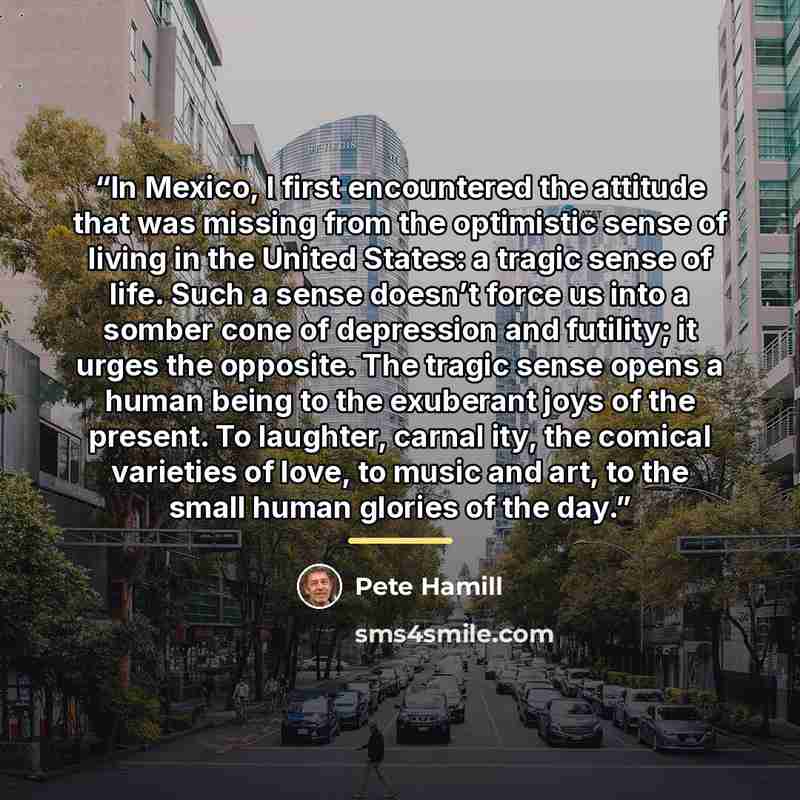 “In Mexico, I first encountered the attitude that was missing from the optimistic sense of living in the United States: a tragic sense of life. Such a sense doesn’t force us into a somber cone of depression and futility; it urges the opposite. The tragic sense opens a human being to the exuberant…” quote by Pete Hamill