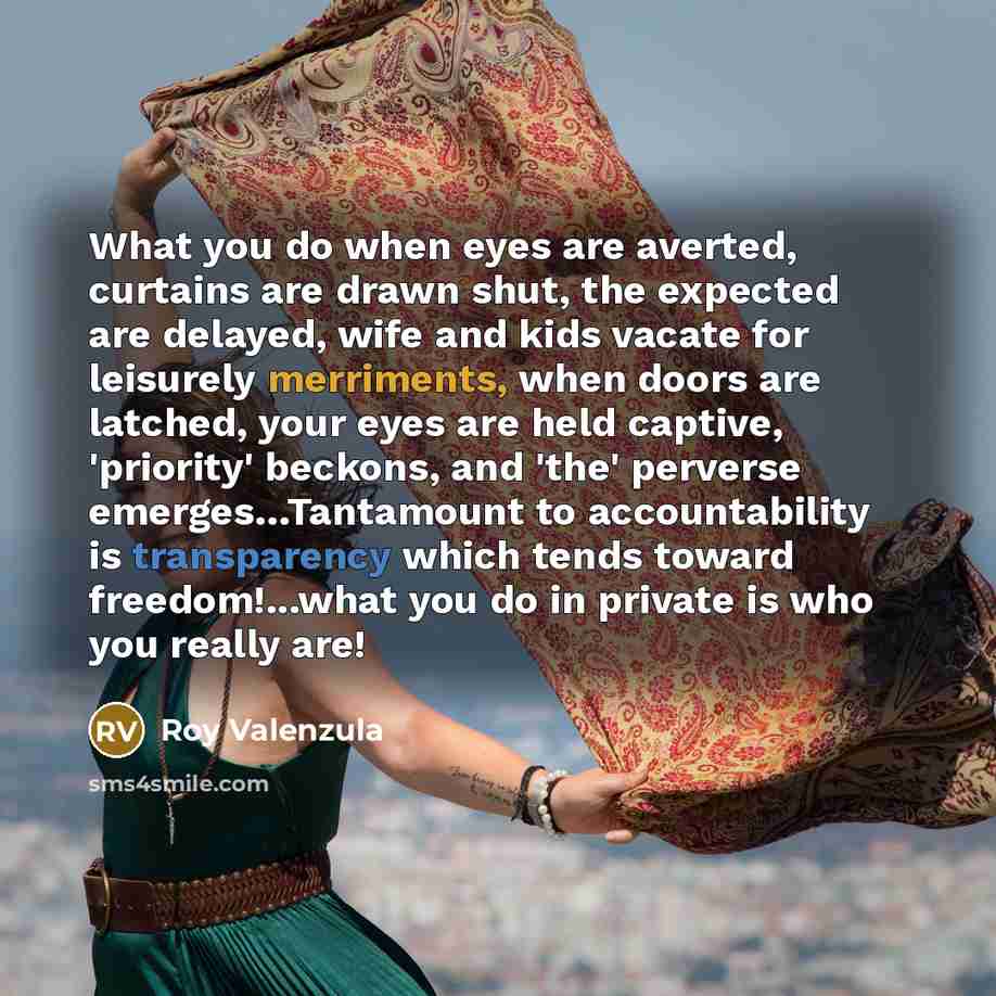 “What you do when eyes are averted, curtains are drawn shut, the expected are delayed, wife and kids vacate for leisurely merriments, when doors are latched, your eyes are held captive, 'priority' beckons, and 'the' perverse emerges…Tantamount to accountability is transparency which tends toward…” quote by Roy Valenzula