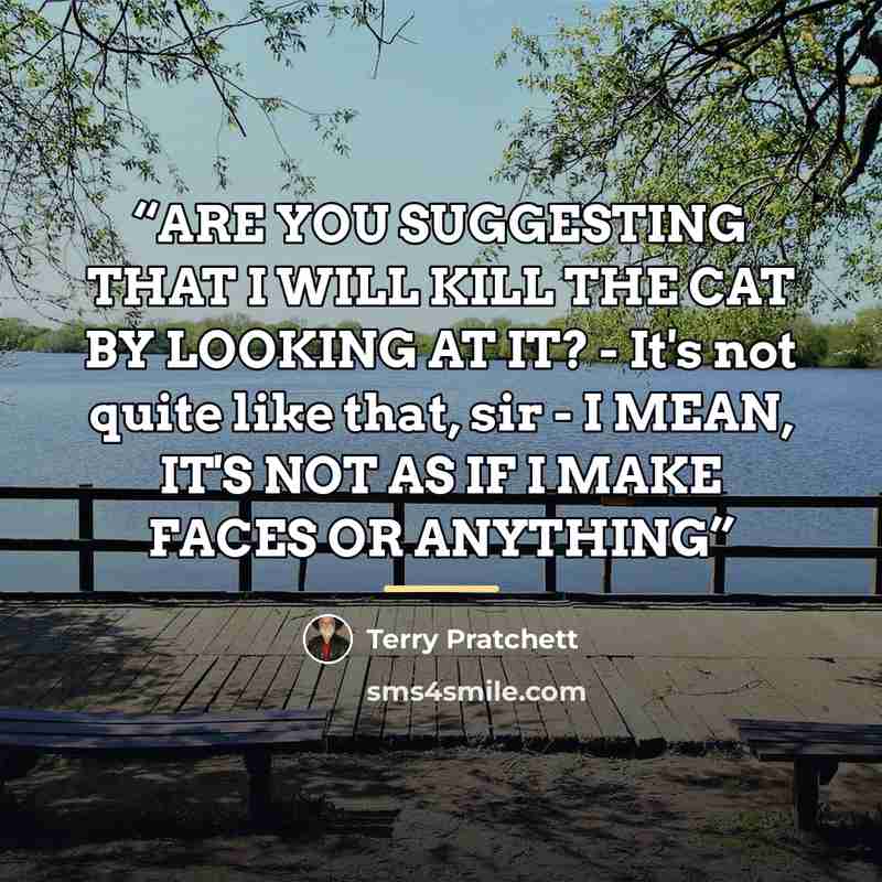 “ARE YOU SUGGESTING THAT I WILL KILL THE CAT BY LOOKING AT IT? - It's not quite like that, sir - I MEAN, IT'S NOT AS IF I MAKE FACES OR ANYTHING” quote by Terry Pratchett