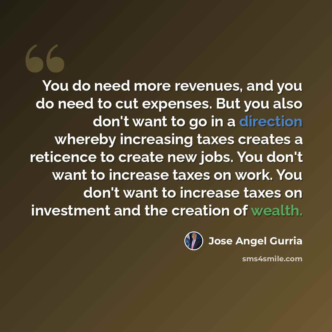 “You do need more revenues, and you do need to cut expenses. But you also don't want to go in a direction whereby increasing taxes creates a reticence to create new jobs. You don't want to increase taxes on work. You don't want to increase taxes on investment and the creation of wealth.” quote by Jose Angel Gurria