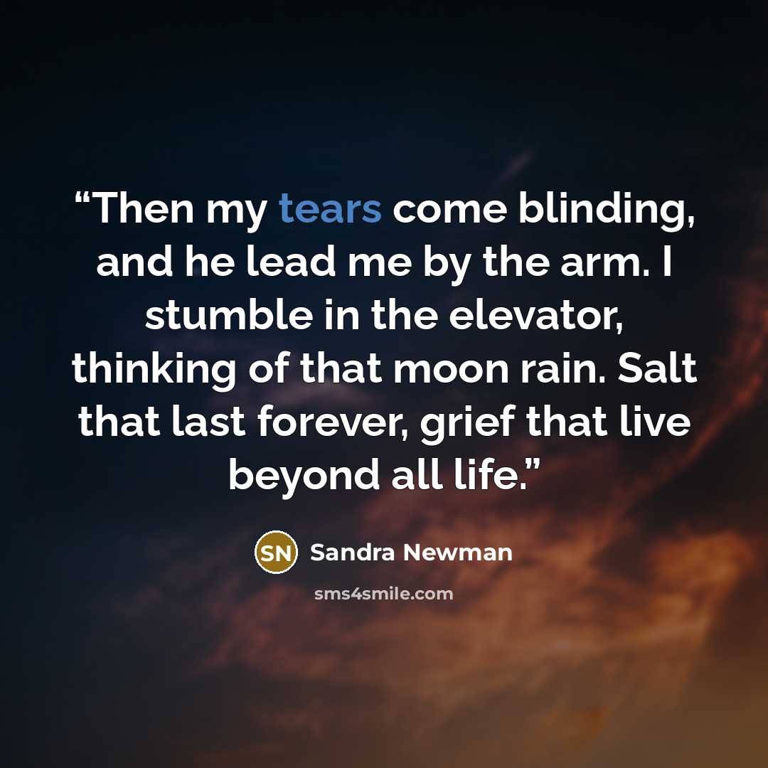 “Then my tears come blinding, and he lead me by the arm. I stumble in the elevator, thinking of that moon rain. Salt that last forever, grief that live beyond all life.” quote by Sandra Newman