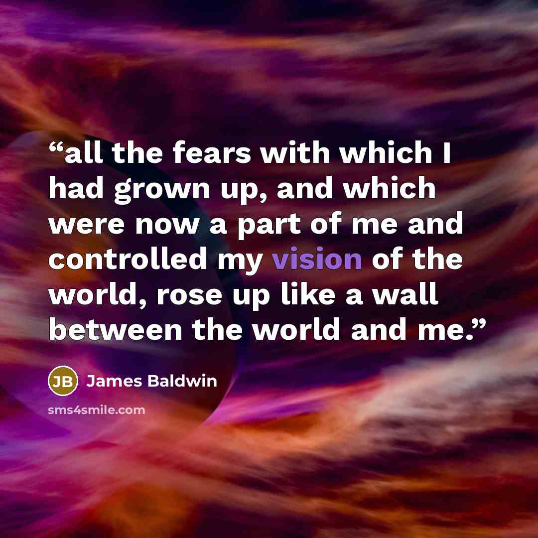 “all the fears with which I had grown up, and which were now a part of me and controlled my vision of the world, rose up like a wall between the world and me.” quote by James Baldwin