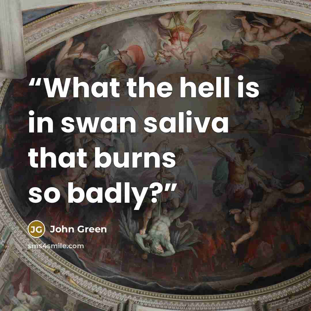 “What the hell is in swan saliva that burns so badly?” quote by john green