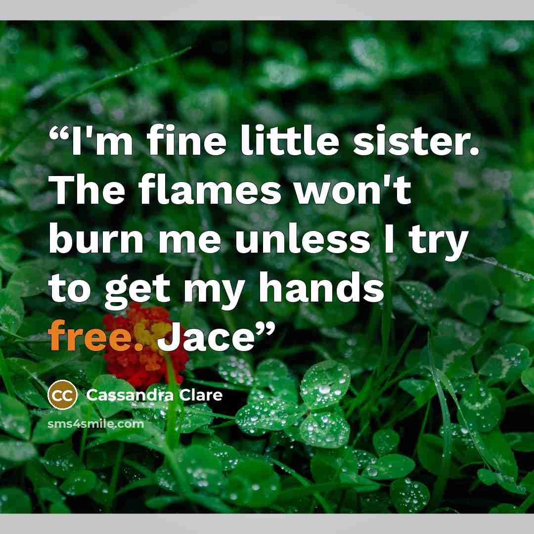 “I'm fine little sister. The flames won't burn me unless I try to get my hands free. Jace” quote by Cassandra Clare