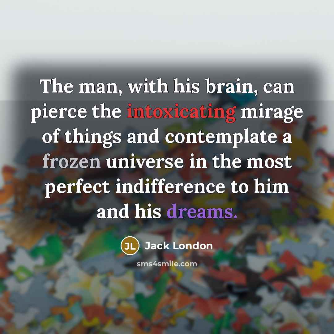 “The man, with his brain, can pierce the intoxicating mirage of things and contemplate a frozen universe in the most perfect indifference to him and his dreams.” quote by Jack London