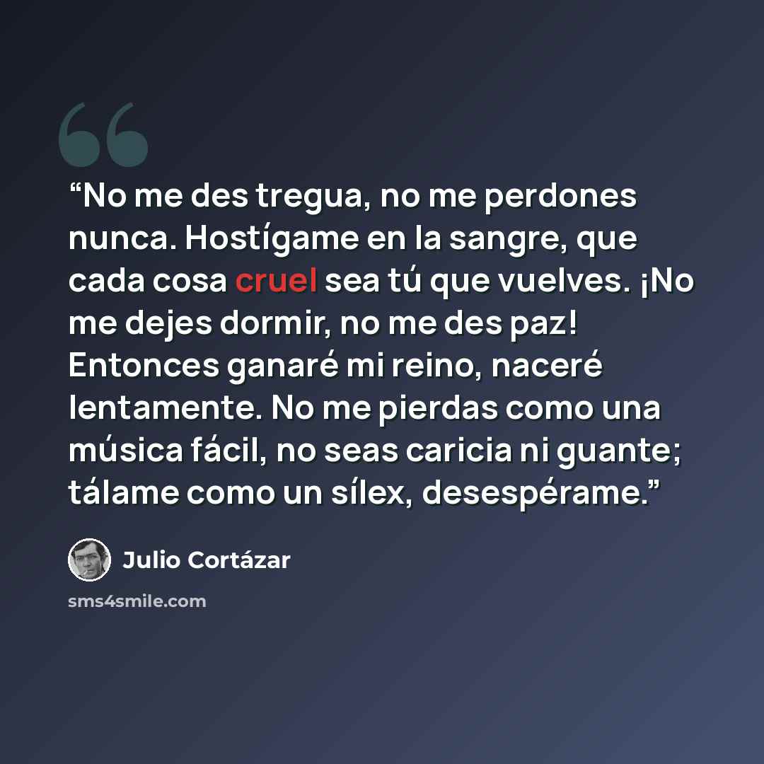 “No me des tregua, no me perdones nunca. Hostígame en la sangre, que cada cosa cruel sea tú que vuelves. ¡No me dejes dormir, no me des paz! Entonces ganaré mi reino, naceré lentamente. No me pierdas como una música fácil, no seas caricia ni guante; tálame como un sílex, desespérame.” quote by Julio Cortázar