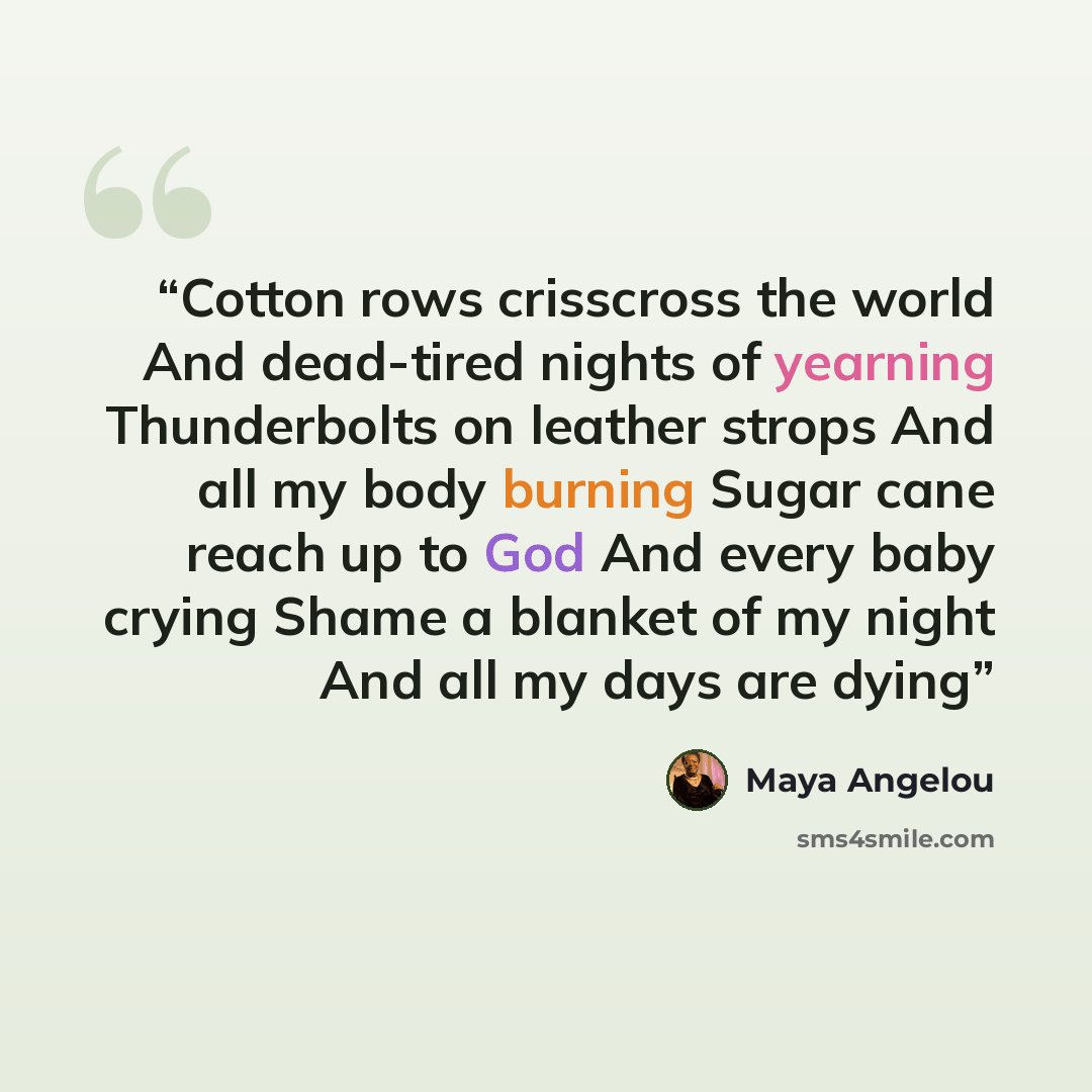 “Cotton rows crisscross the world And dead-tired nights of yearning Thunderbolts on leather strops And all my body burning Sugar cane reach up to God And every baby crying Shame a blanket of my night And all my days are dying” quote by Maya Angelou