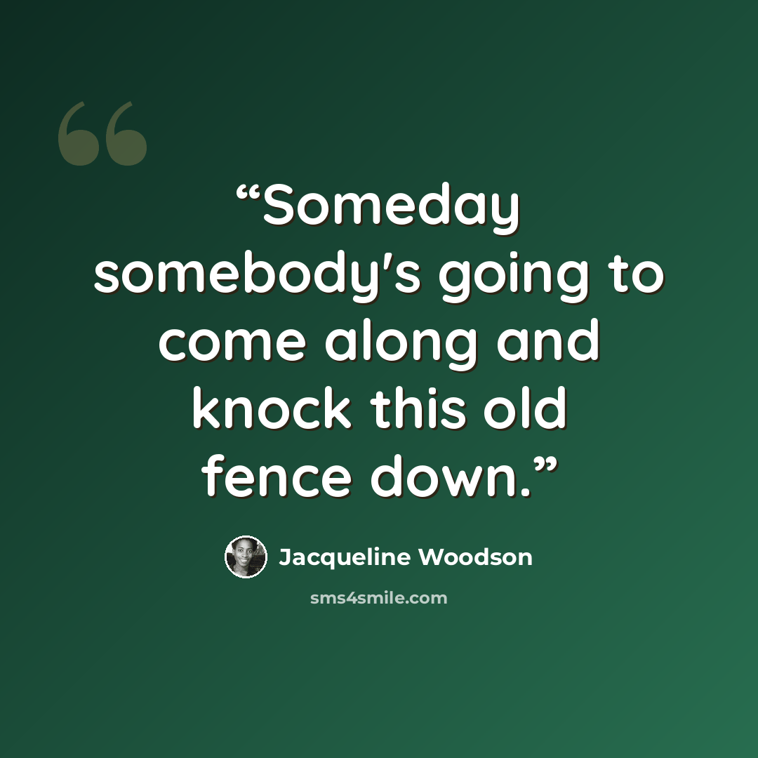 “Someday somebody's going to come along and knock this old fence down.” quote by Jacqueline Woodson