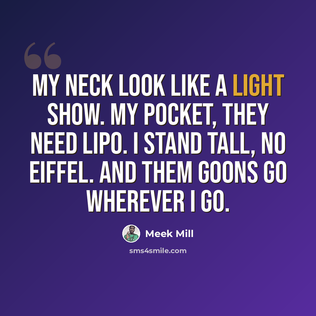 “My neck look like a light show. My pocket, they need lipo. I stand tall, no Eiffel. And them goons go wherever I go.” quote by Meek Mill