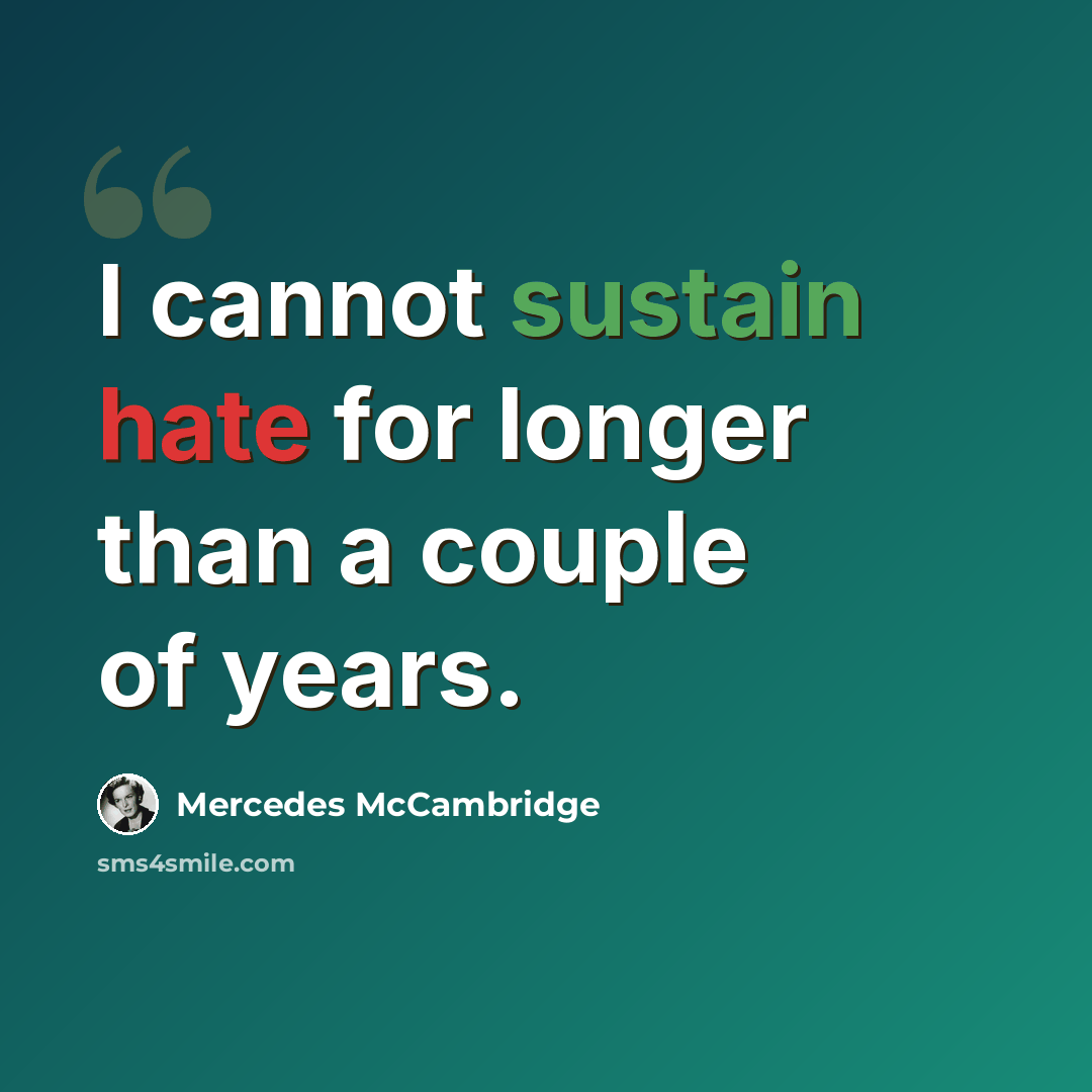“I cannot sustain hate for longer than a couple of years.” quote by Mercedes McCambridge