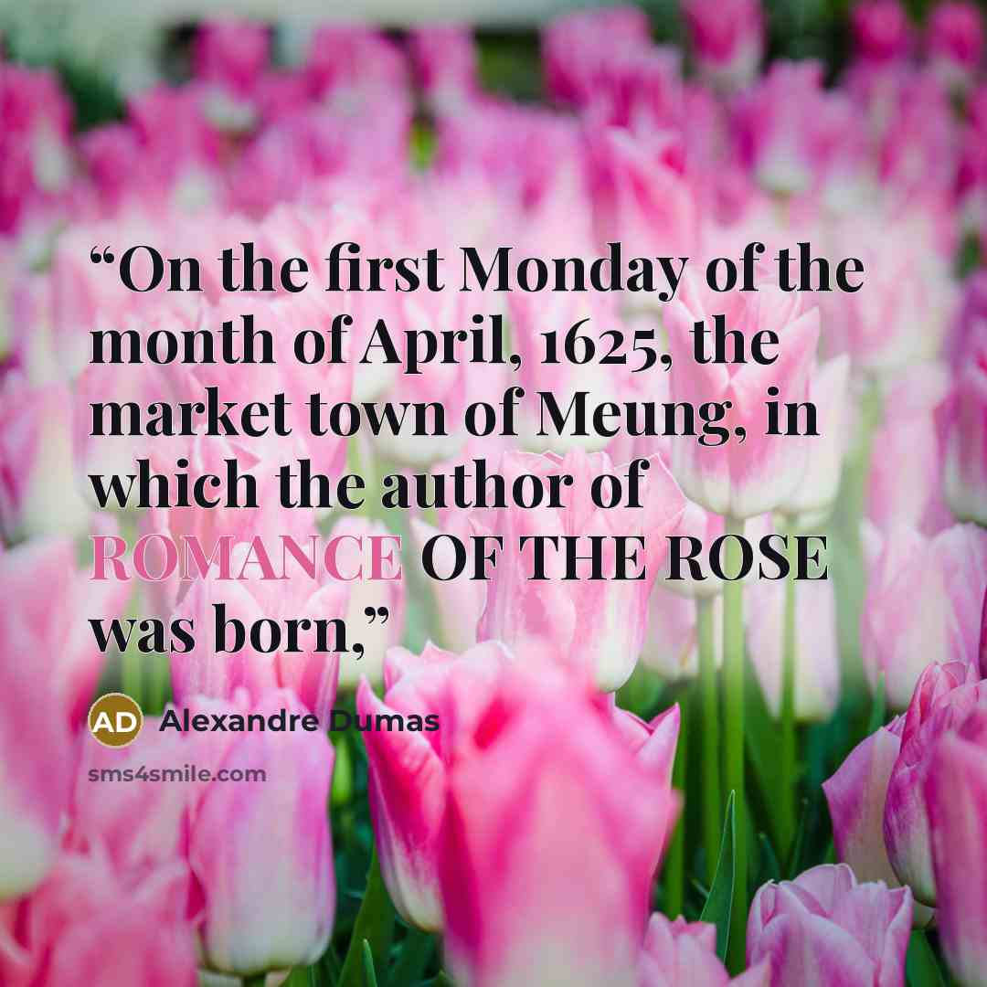 “On the first Monday of the month of April, 1625, the market town of Meung, in which the author of ROMANCE OF THE ROSE was born,” quote by Alexandre Dumas
