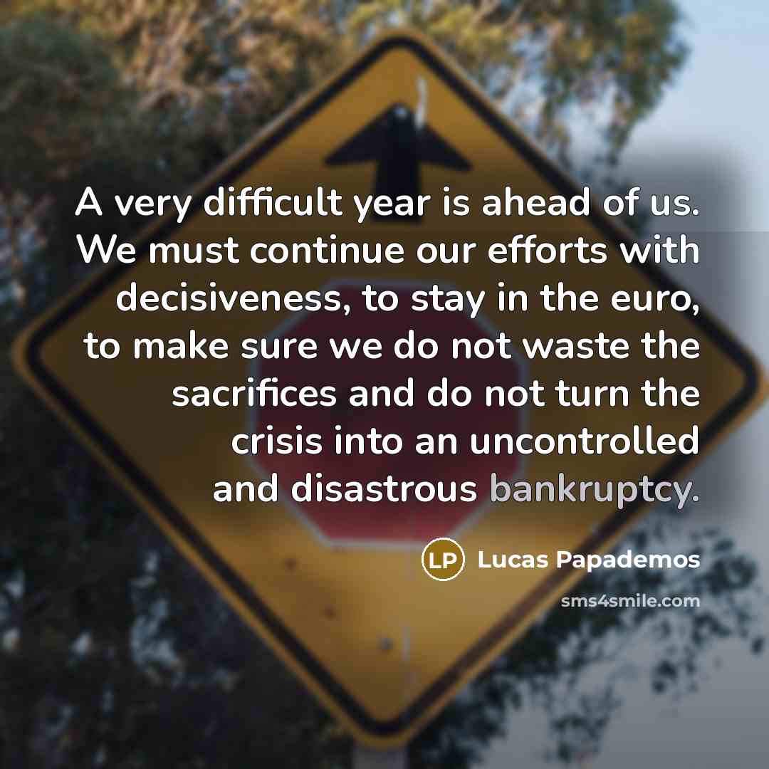 “A very difficult year is ahead of us. We must continue our efforts with decisiveness, to stay in the euro, to make sure we do not waste the sacrifices and do not turn the crisis into an uncontrolled and disastrous bankruptcy.” quote by Lucas Papademos
