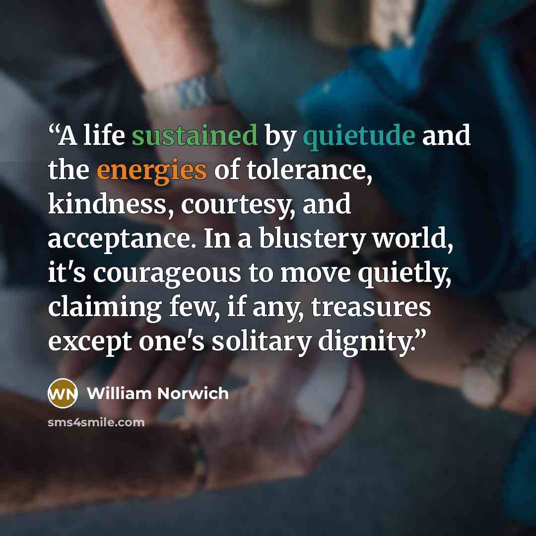 “A life sustained by quietude and the energies of tolerance, kindness, courtesy, and acceptance. In a blustery world, it's courageous to move quietly, claiming few, if any, treasures except one's solitary dignity.” quote by William Norwich