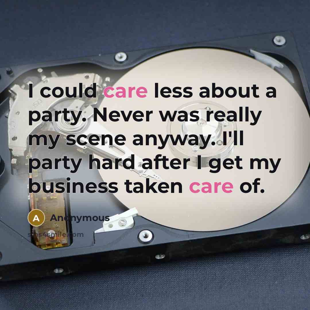 “I could care less about a party. Never was really my scene anyway. I'll party hard after I get my business taken care of.” quote by Anonymous