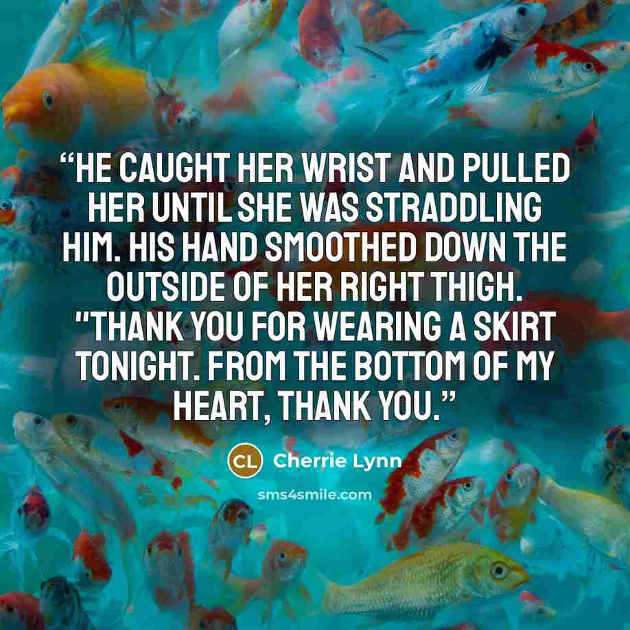 “He caught her wrist and pulled her until she was straddling him. His hand smoothed down the outside of her right thigh. "Thank you for wearing a skirt tonight. From the bottom of my heart, thank you.” quote by Cherrie Lynn