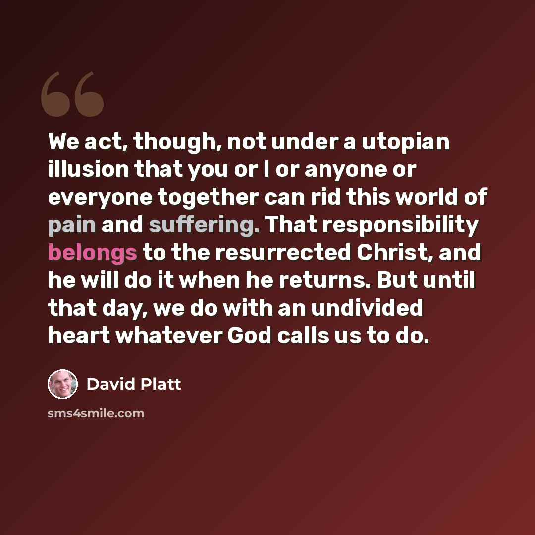 “We act, though, not under a utopian illusion that you or I or anyone or everyone together can rid this world of pain and suffering. That responsibility belongs to the resurrected Christ, and he will do it when he returns. But until that day, we do with an undivided heart whatever God calls us to do.” quote by David Platt