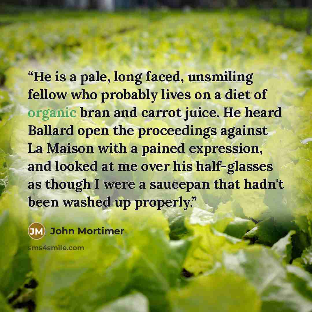 “He is a pale, long faced, unsmiling fellow who probably lives on a diet of organic bran and carrot juice. He heard Ballard open the proceedings against La Maison with a pained expression, and looked at me over his half-glasses as though I were a saucepan that hadn't been washed up properly.” quote by John Mortimer