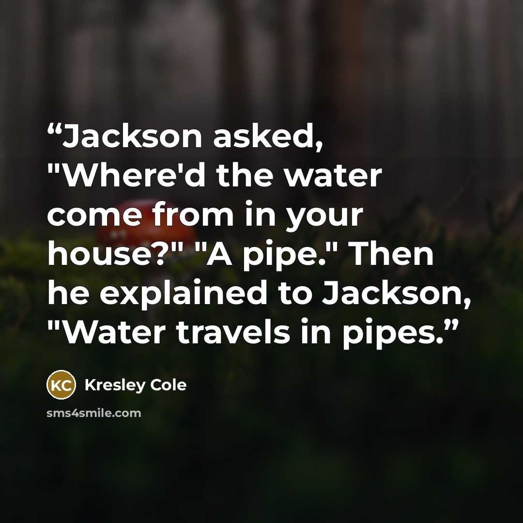 “Jackson asked, "Where'd the water come from in your house?" "A pipe." Then he explained to Jackson, "Water travels in pipes.” quote by Kresley Cole
