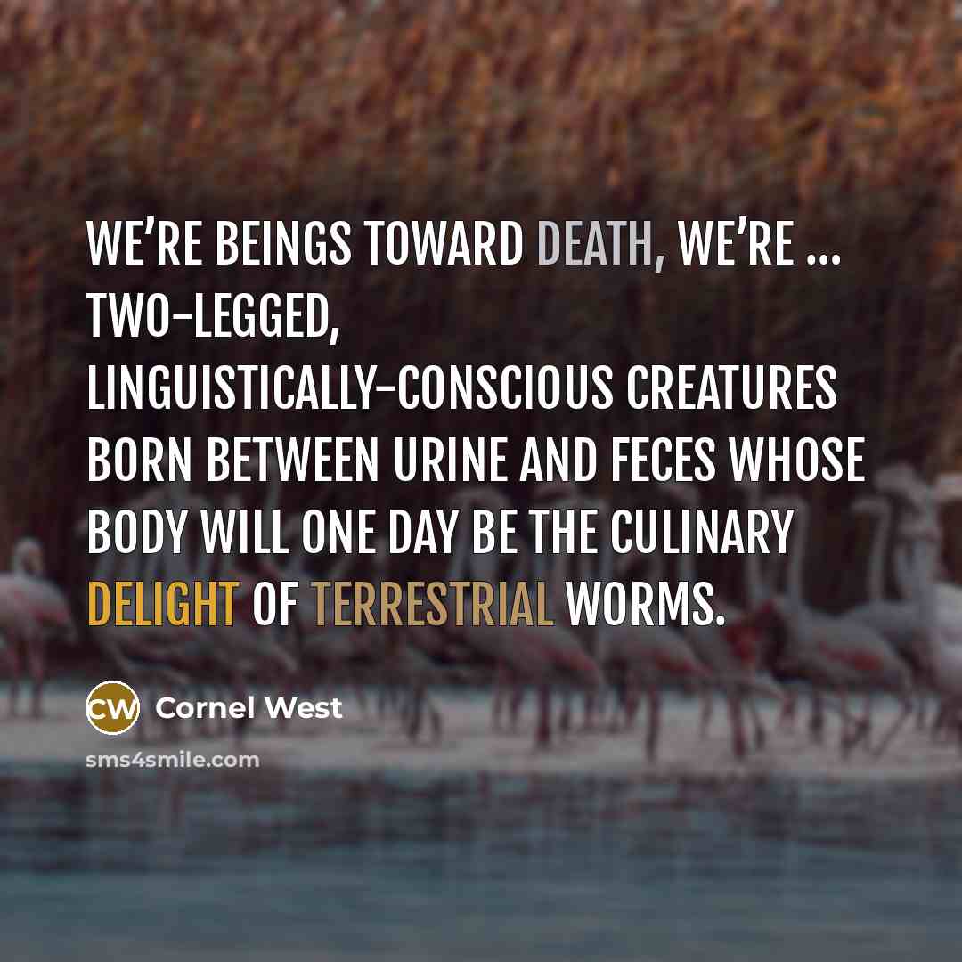 “We’re beings toward death, we’re … two-legged, linguistically-conscious creatures born between urine and feces whose body will one day be the culinary delight of terrestrial worms.” quote by Cornel West