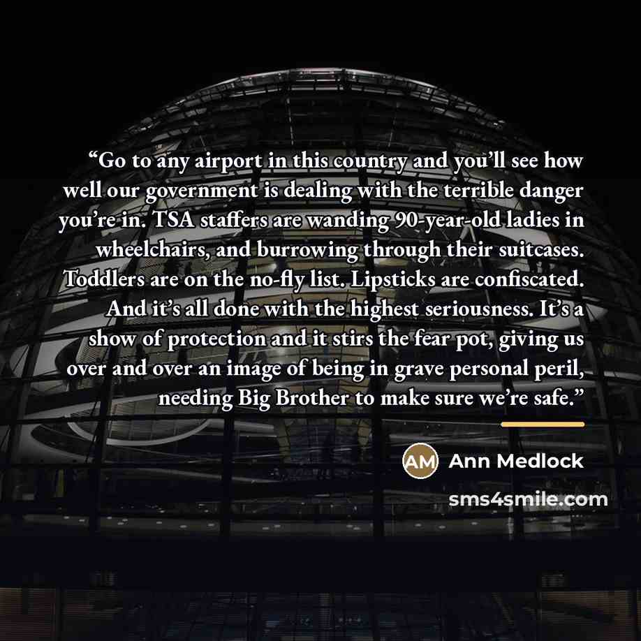 “Go to any airport in this country and you’ll see how well our government is dealing with the terrible danger you’re in. TSA staffers are wanding 90-year-old ladies in wheelchairs, and burrowing through their suitcases. Toddlers are on the no-fly list. Lipsticks are confiscated. And it’s all done…” quote by Ann Medlock