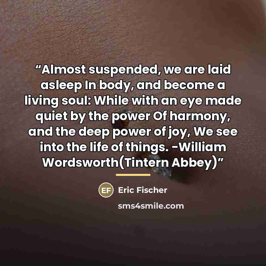 “Almost suspended, we are laid asleep In body, and become a living soul: While with an eye made quiet by the power Of harmony, and the deep power of joy, We see into the life of things. -William Wordsworth(Tintern Abbey)” quote by Eric Fischer