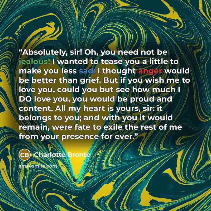 “Absolutely, sir! Oh, you need not be jealous! I wanted to tease you a little to make you less sad: I thought anger would be better than grief. But if you wish me to love you, could you but see how much I DO love you, you would be proud and content. All my heart is yours, sir: it belongs to you…” quote by Charlotte Brontë
