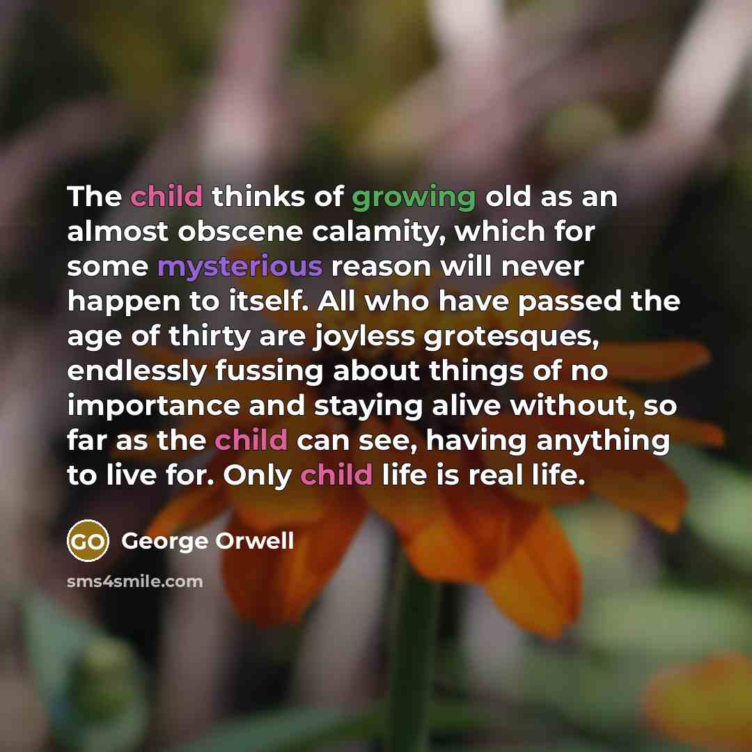 “The child thinks of growing old as an almost obscene calamity, which for some mysterious reason will never happen to itself. All who have passed the age of thirty are joyless grotesques, endlessly fussing about things of no importance and staying alive without, so far as the child can see, having…” quote by George Orwell