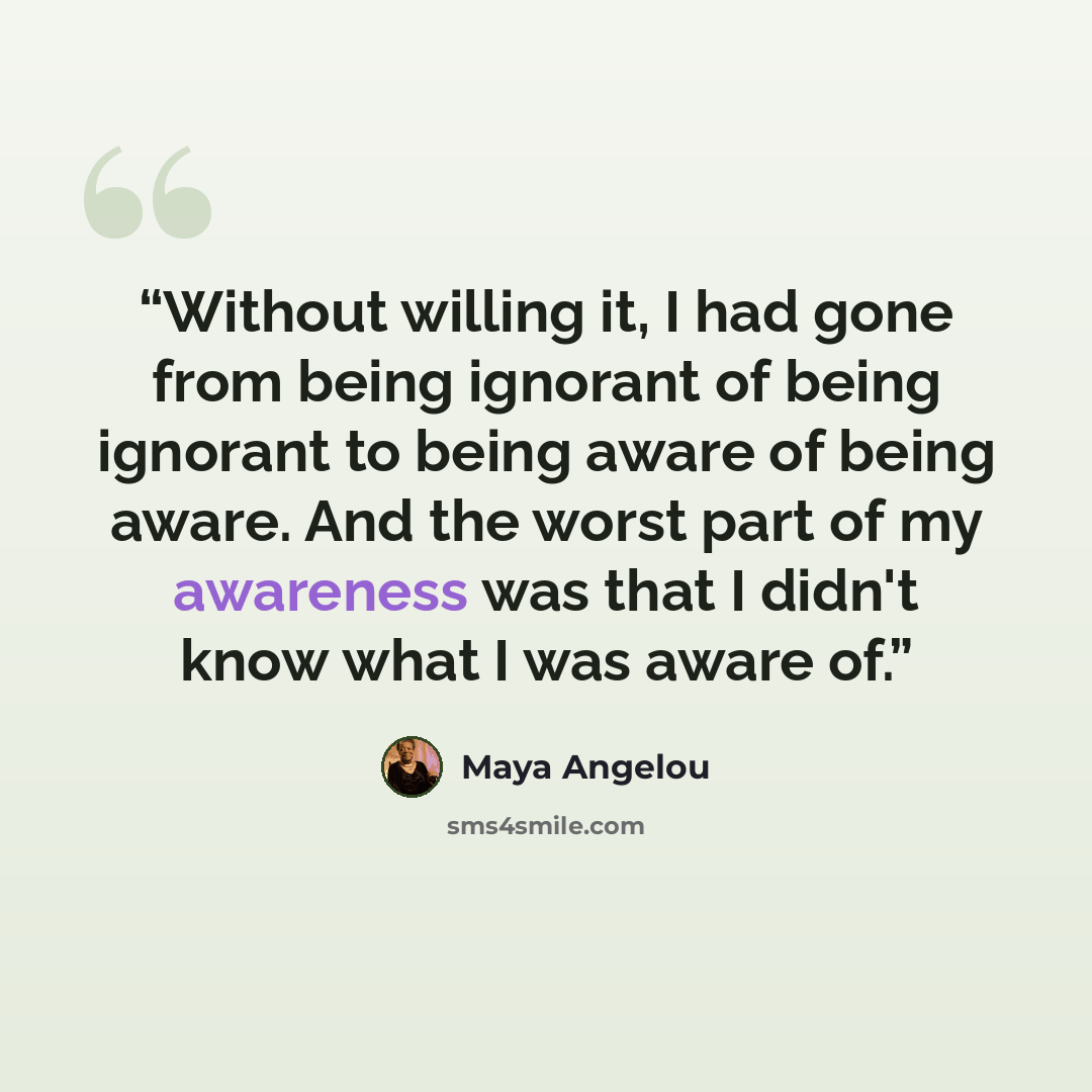 “Without willing it, I had gone from being ignorant of being ignorant to being aware of being aware. And the worst part of my awareness was that I didn't know what I was aware of.” quote by Maya Angelou