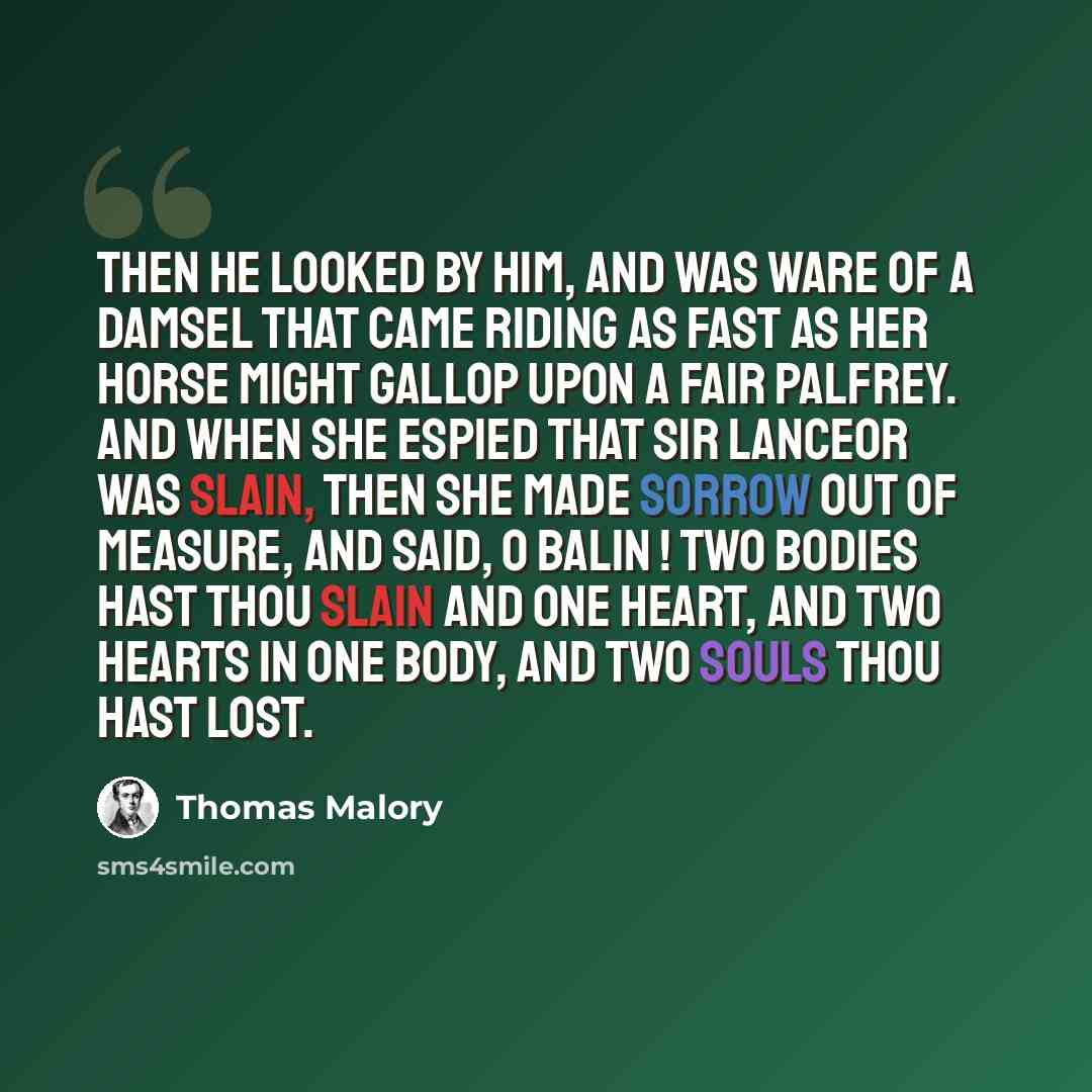 “Then he looked by him, and was ware of a damsel that came riding as fast as her horse might gallop upon a fair palfrey. And when she espied that Sir Lanceor was slain, then she made sorrow out of measure, and said, O Balin ! two bodies hast thou slain and one heart, and two hearts in one body, and…” quote by Thomas Malory