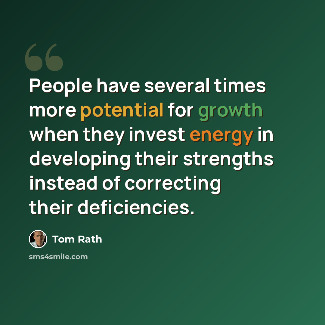 “People have several times more potential for growth when they invest energy in developing their strengths instead of correcting their deficiencies.” quote by Tom Rath