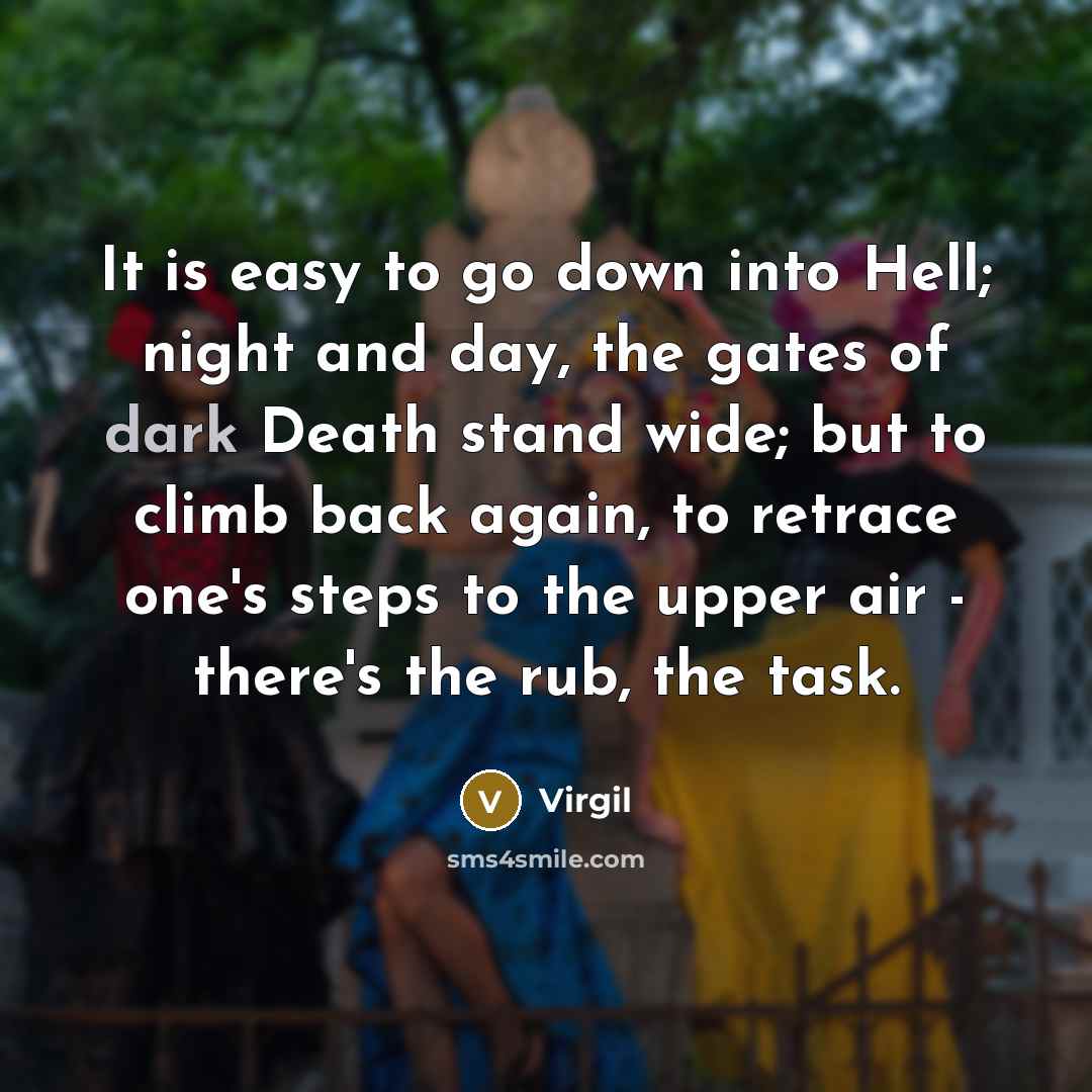 “It is easy to go down into Hell; night and day, the gates of dark Death stand wide; but to climb back again, to retrace one's steps to the upper air - there's the rub, the task.” quote by Virgil
